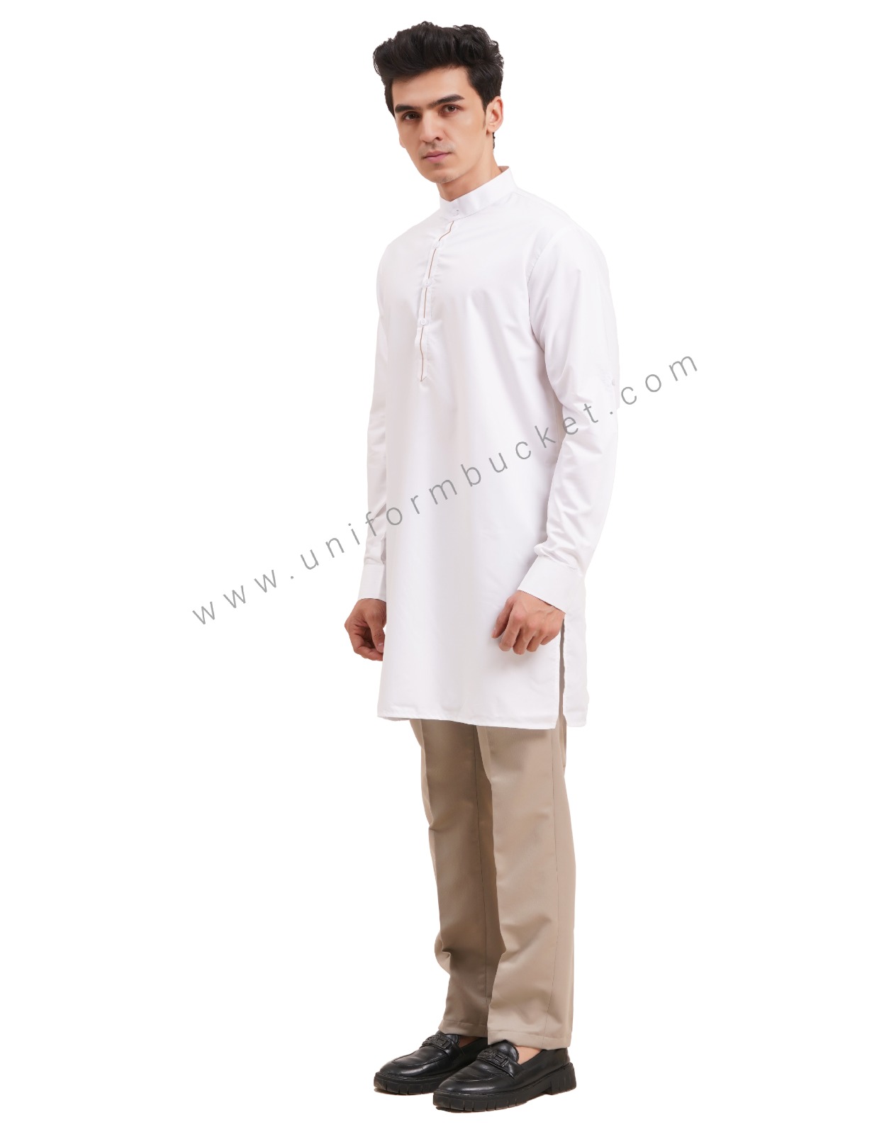 WHITE MALE LONG KURTI WITH BEIGE PIPING ON PLACKET thumbnail 6